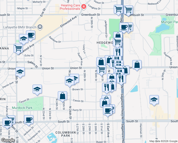 map of restaurants, bars, coffee shops, grocery stores, and more near 2900-2998 Union Street in Lafayette