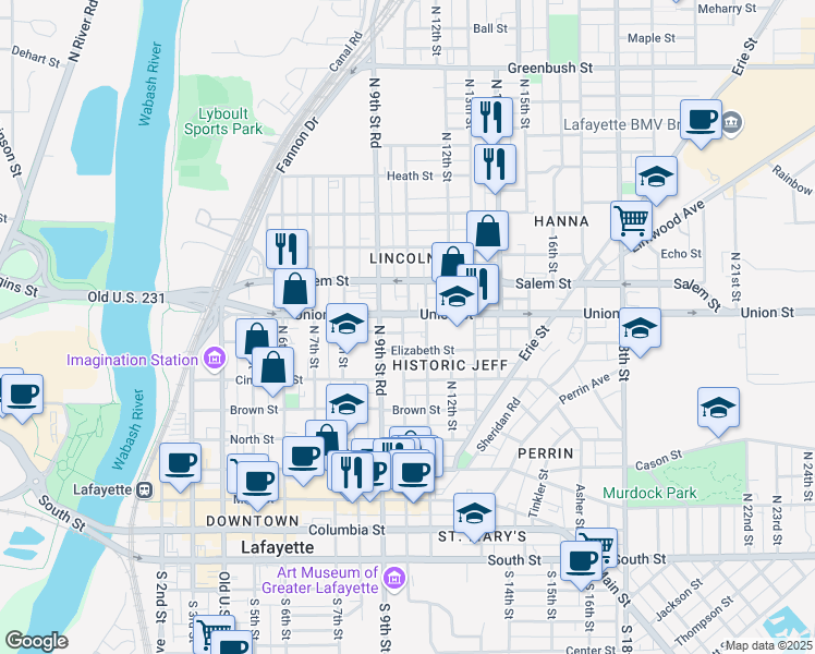map of restaurants, bars, coffee shops, grocery stores, and more near 814 North 10th Street in Lafayette
