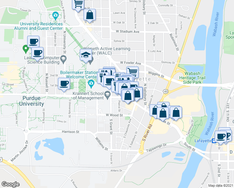 map of restaurants, bars, coffee shops, grocery stores, and more near 201 Grant Street in West Lafayette