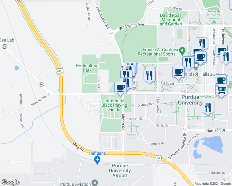 map of restaurants, bars, coffee shops, grocery stores, and more near 1 McCormick Road in West Lafayette