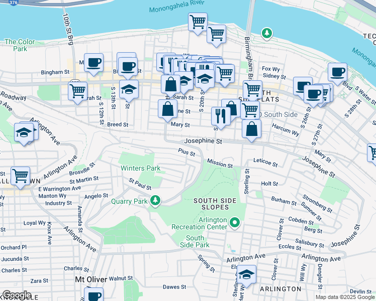 map of restaurants, bars, coffee shops, grocery stores, and more near 161 Pius Street in Pittsburgh