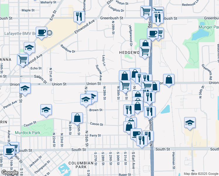 map of restaurants, bars, coffee shops, grocery stores, and more near 2900-2998 Union Street in Lafayette