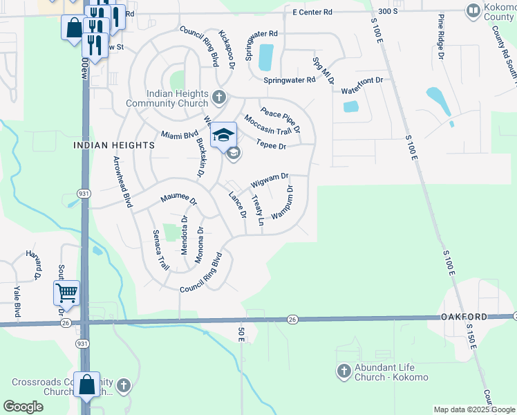map of restaurants, bars, coffee shops, grocery stores, and more near Treaty Lane in Kokomo