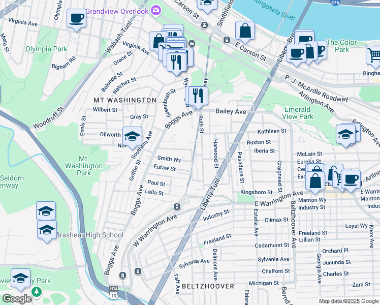 map of restaurants, bars, coffee shops, grocery stores, and more near 110 Tuscola Street in Pittsburgh