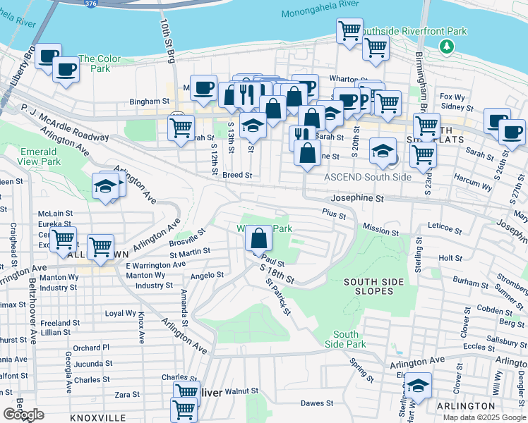 map of restaurants, bars, coffee shops, grocery stores, and more near 1516 Clinton Street in Pittsburgh