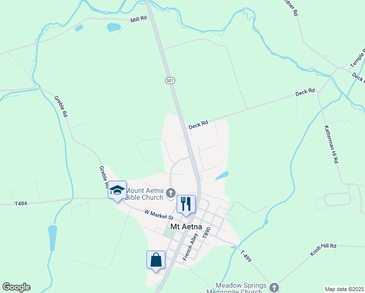 map of restaurants, bars, coffee shops, grocery stores, and more near 7690 Lancaster Avenue in Myerstown