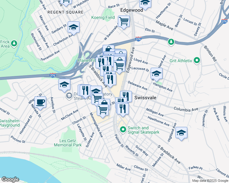 map of restaurants, bars, coffee shops, grocery stores, and more near 1701 S Braddock Ave in Pittsburgh