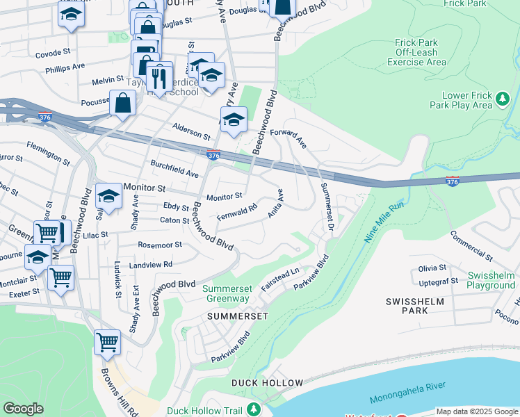 map of restaurants, bars, coffee shops, grocery stores, and more near 2830 Fernwald Road in Pittsburgh