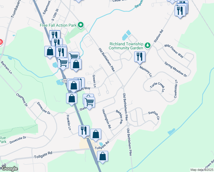 map of restaurants, bars, coffee shops, grocery stores, and more near 104 Laurel Court in Quakertown