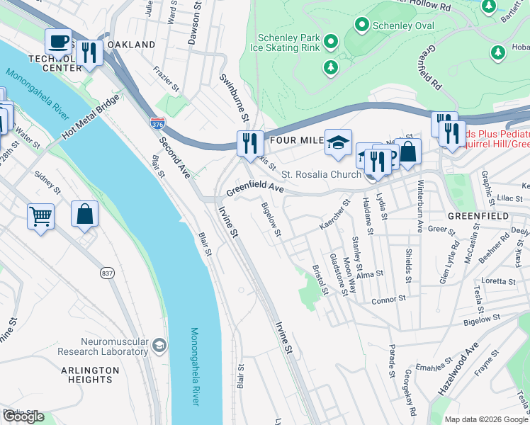 map of restaurants, bars, coffee shops, grocery stores, and more near 2 Tunstall Street in Pittsburgh