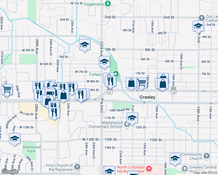 map of restaurants, bars, coffee shops, grocery stores, and more near 2212 8th Street in Greeley