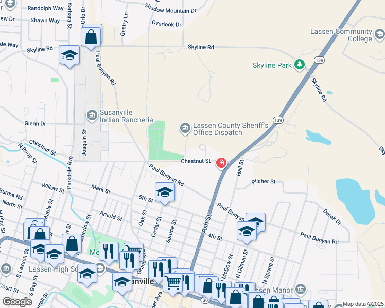 map of restaurants, bars, coffee shops, grocery stores, and more near 1425 Chestnut Street in Susanville