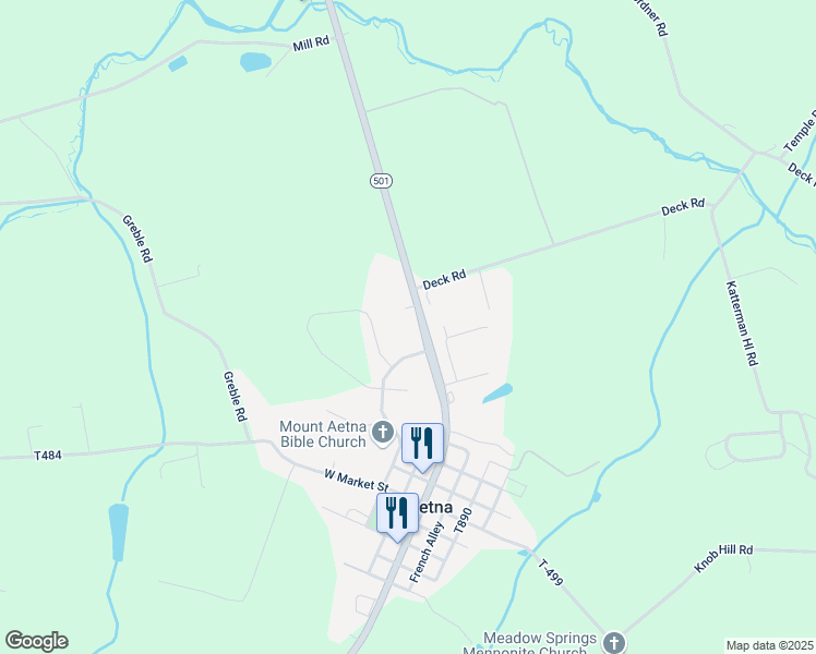 map of restaurants, bars, coffee shops, grocery stores, and more near 7690 Lancaster Avenue in Myerstown