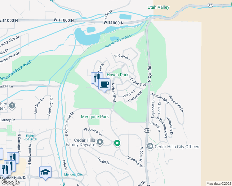 map of restaurants, bars, coffee shops, grocery stores, and more near 10587 North Avalon in Cedar Hills