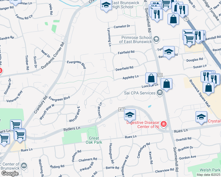 map of restaurants, bars, coffee shops, grocery stores, and more near 140 Magee Court in East Brunswick