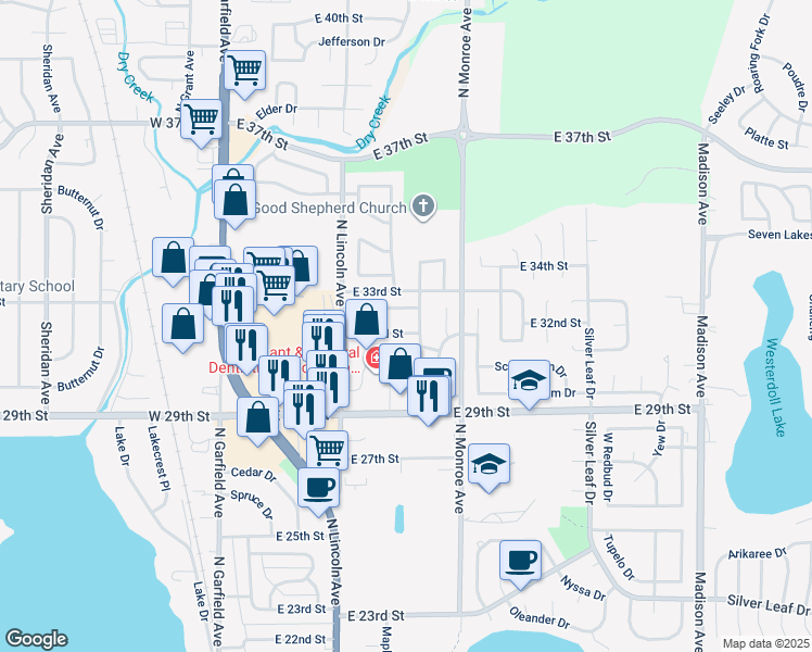 map of restaurants, bars, coffee shops, grocery stores, and more near 433 Hawthorn Drive in Loveland