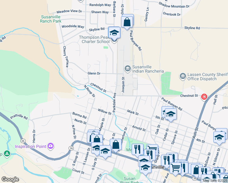map of restaurants, bars, coffee shops, grocery stores, and more near 630 Parkdale Avenue in Susanville