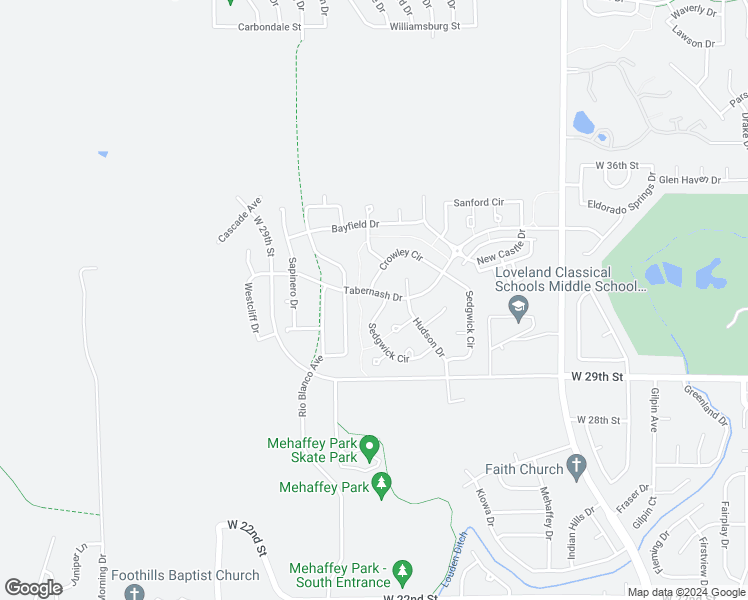 map of restaurants, bars, coffee shops, grocery stores, and more near 3175 Hudson Court in Loveland