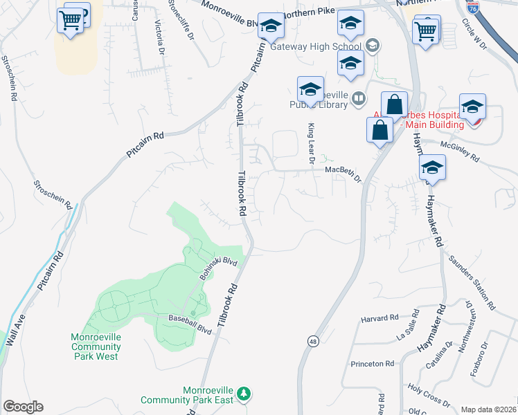 map of restaurants, bars, coffee shops, grocery stores, and more near 231 Spring Run Drive in Monroeville