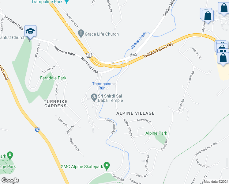 map of restaurants, bars, coffee shops, grocery stores, and more near 132 Alpine Village Drive in Monroeville