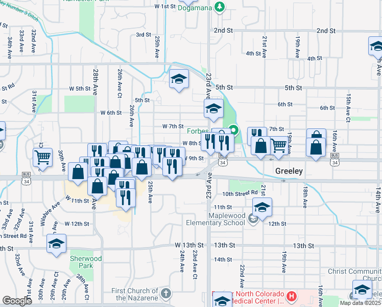map of restaurants, bars, coffee shops, grocery stores, and more near 802 24th Avenue in Greeley