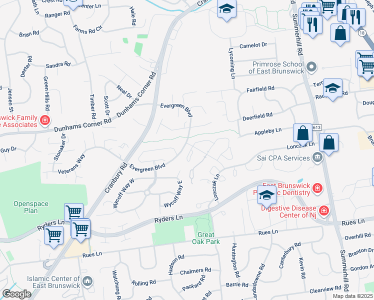 map of restaurants, bars, coffee shops, grocery stores, and more near 231 Manahan Road in East Brunswick