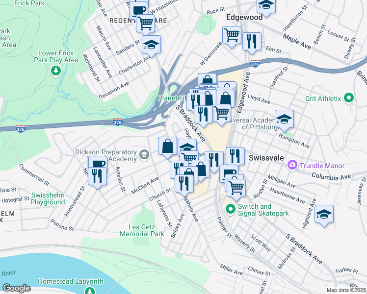 map of restaurants, bars, coffee shops, grocery stores, and more near 1712 Hays Street in Pittsburgh