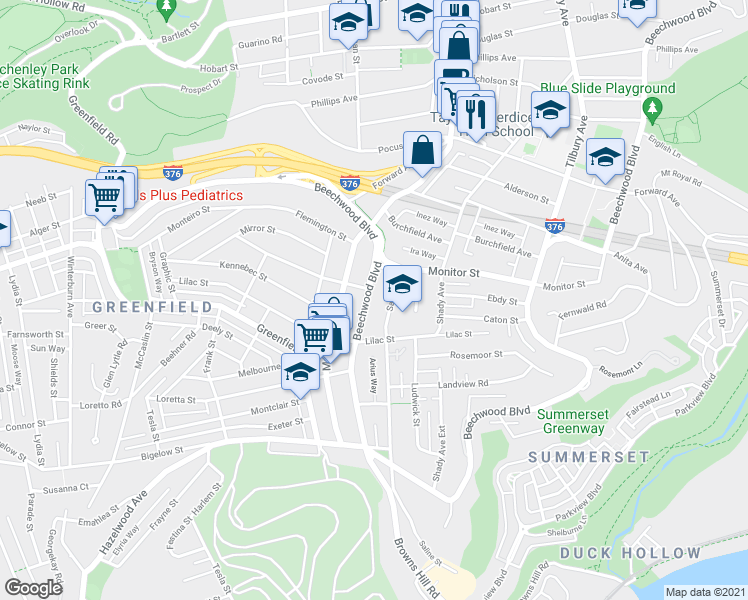map of restaurants, bars, coffee shops, grocery stores, and more near in Pittsburgh