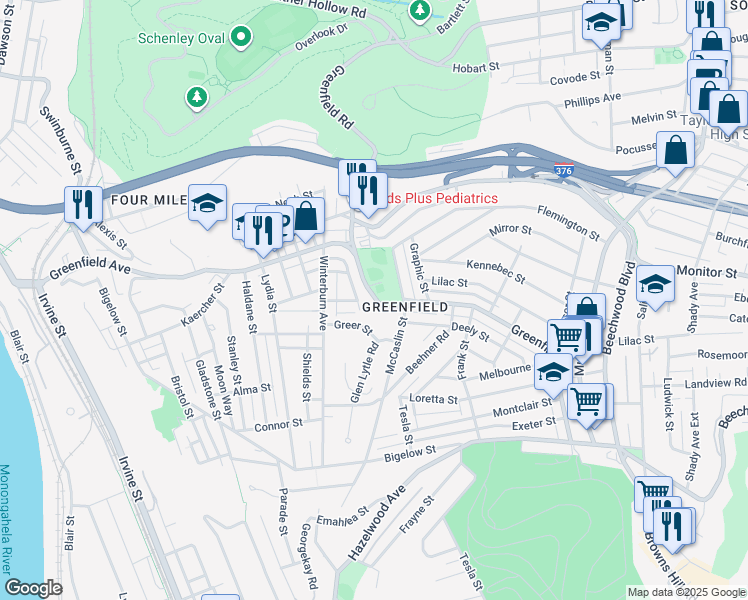 map of restaurants, bars, coffee shops, grocery stores, and more near 742 Greenfield Avenue in Pittsburgh