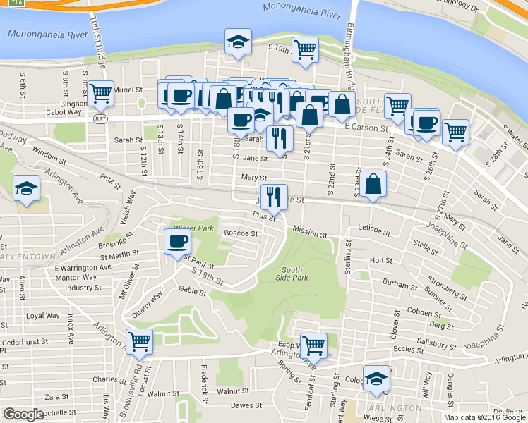 map of restaurants, bars, coffee shops, grocery stores, and more near 1936 Josephine Street in Pittsburgh