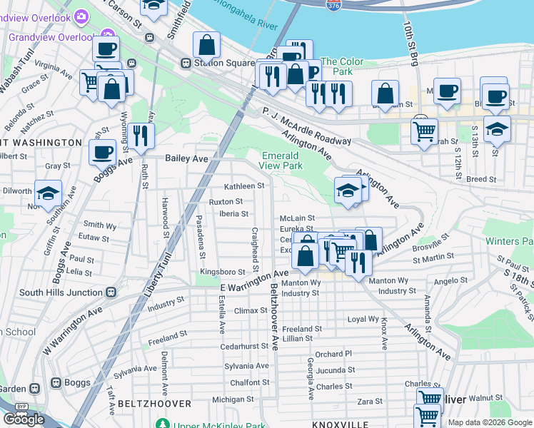 map of restaurants, bars, coffee shops, grocery stores, and more near 21 Aztec Way in Pittsburgh
