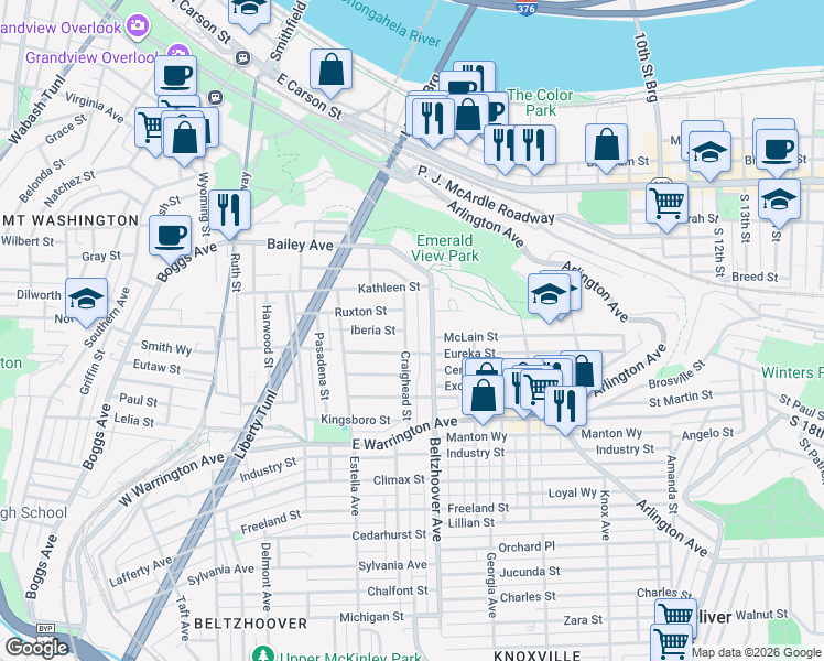 map of restaurants, bars, coffee shops, grocery stores, and more near 21 Aztec Way in Pittsburgh