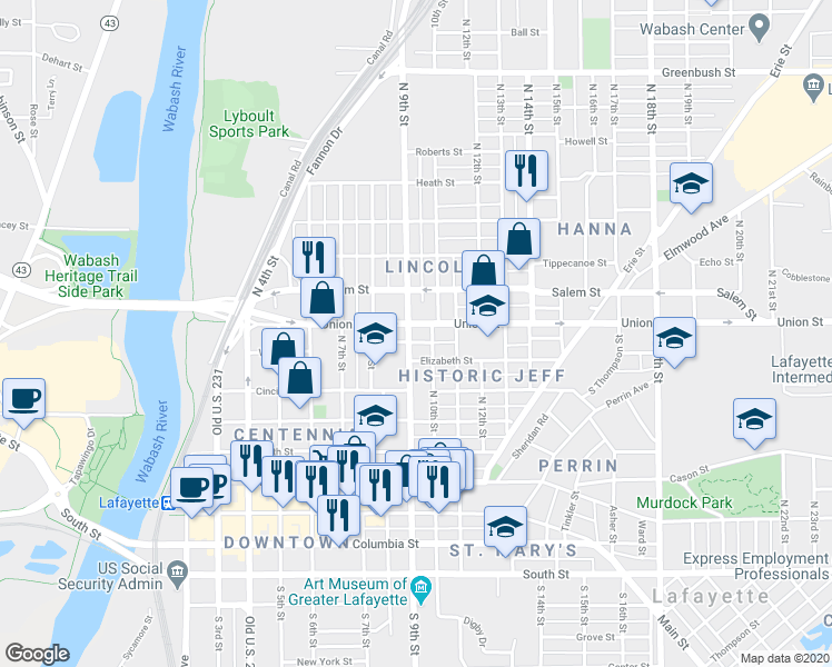 map of restaurants, bars, coffee shops, grocery stores, and more near 814 North 10th Street in Lafayette