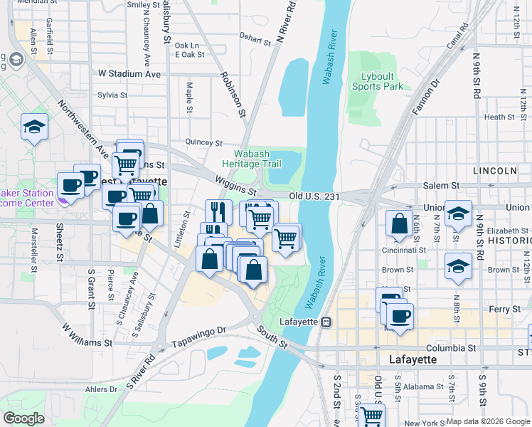 map of restaurants, bars, coffee shops, grocery stores, and more near Old U.S. 231 in West Lafayette