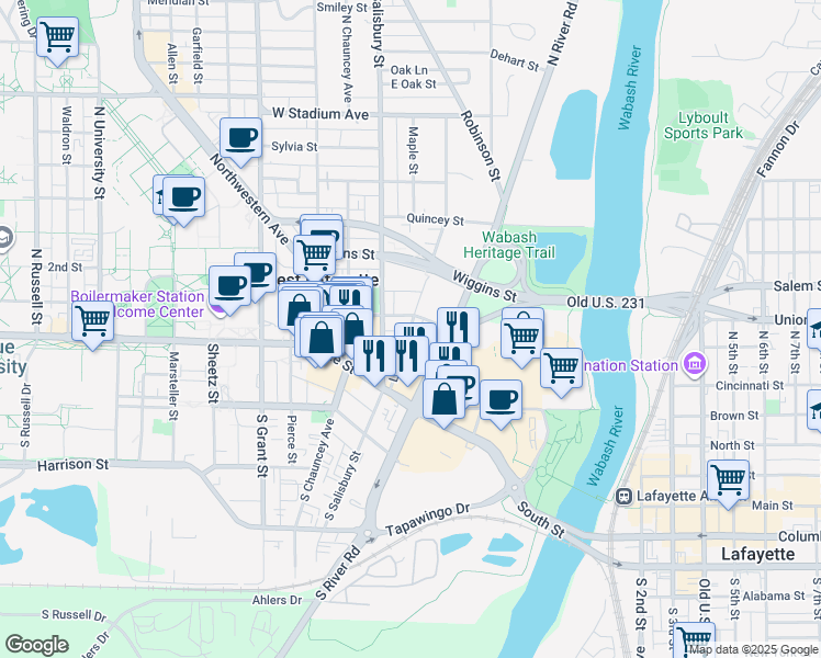 map of restaurants, bars, coffee shops, grocery stores, and more near 219 Littleton Street in West Lafayette
