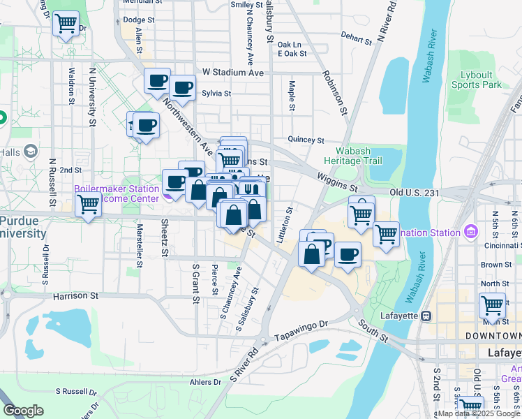 map of restaurants, bars, coffee shops, grocery stores, and more near 208 West Columbia Street in West Lafayette