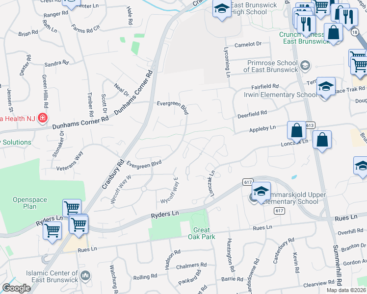 map of restaurants, bars, coffee shops, grocery stores, and more near 282 Kraemer Court in East Brunswick