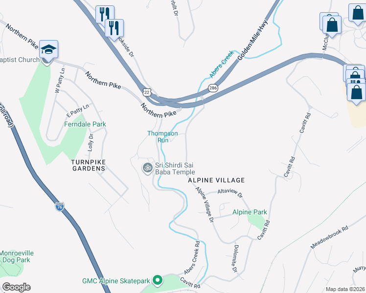 map of restaurants, bars, coffee shops, grocery stores, and more near 129 Matterhorn Road in Monroeville