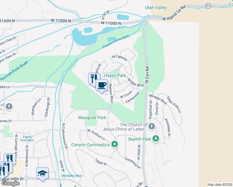 map of restaurants, bars, coffee shops, grocery stores, and more near 4077 Valderrama in Cedar Hills