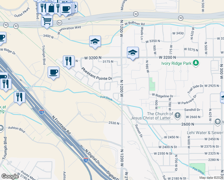 map of restaurants, bars, coffee shops, grocery stores, and more near 1265 West 3000 North in Lehi