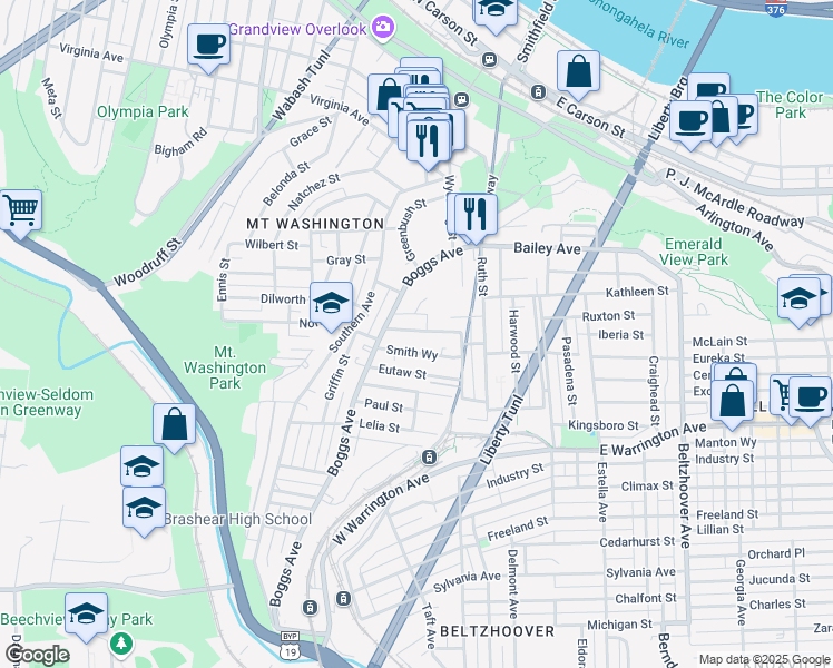 map of restaurants, bars, coffee shops, grocery stores, and more near 230 Kramer Way in Pittsburgh