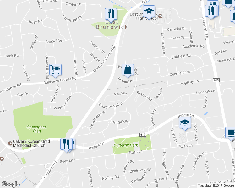 map of restaurants, bars, coffee shops, grocery stores, and more near 66 Rice Run in East Brunswick