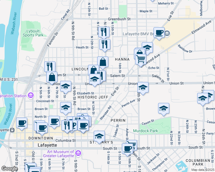 map of restaurants, bars, coffee shops, grocery stores, and more near 1418 Union Street in Lafayette