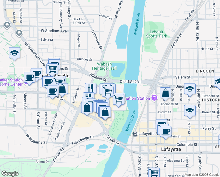 map of restaurants, bars, coffee shops, grocery stores, and more near 320 Brown Street in West Lafayette