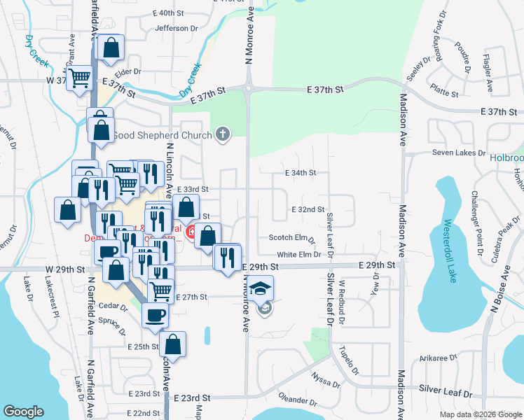 map of restaurants, bars, coffee shops, grocery stores, and more near 3142 White Elm Court in Loveland