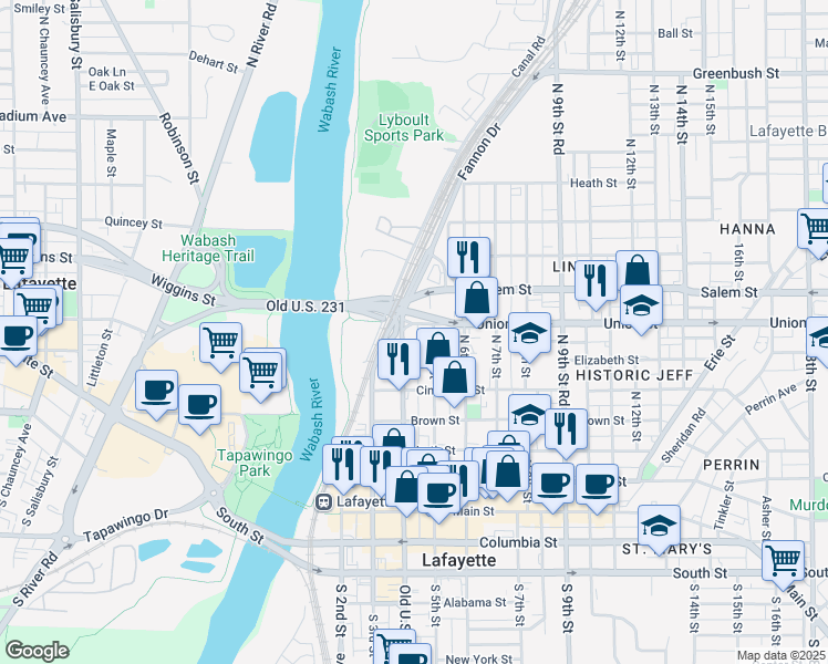 map of restaurants, bars, coffee shops, grocery stores, and more near 500 Union Street in Lafayette