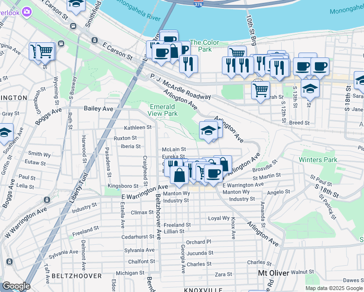 map of restaurants, bars, coffee shops, grocery stores, and more near 715 McLain Street in Pittsburgh