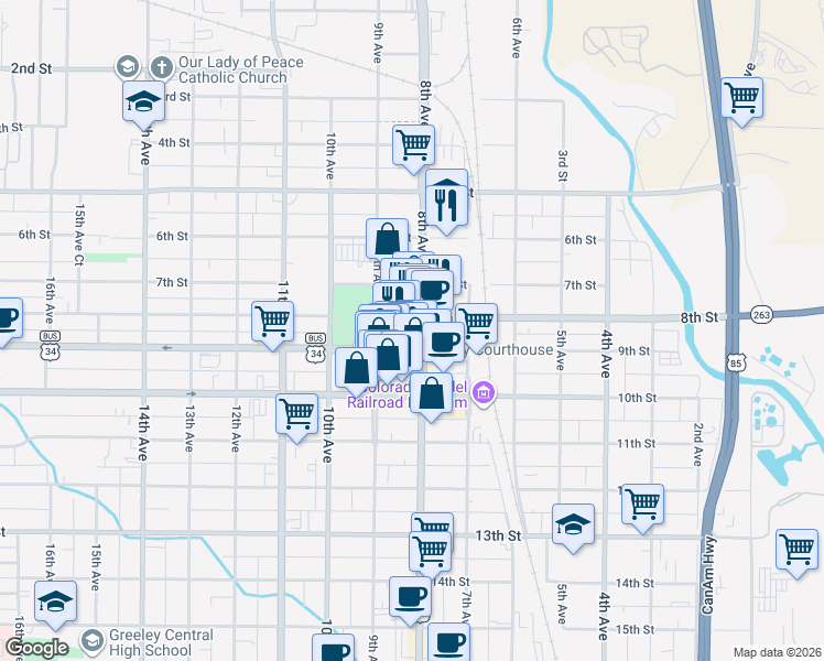 map of restaurants, bars, coffee shops, grocery stores, and more near 801 8th Street in Greeley