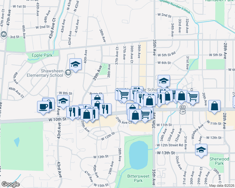 map of restaurants, bars, coffee shops, grocery stores, and more near 3723 West 8th Street in Greeley