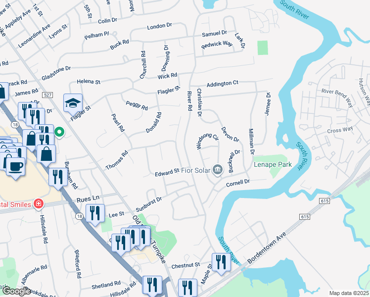 map of restaurants, bars, coffee shops, grocery stores, and more near River Road in East Brunswick